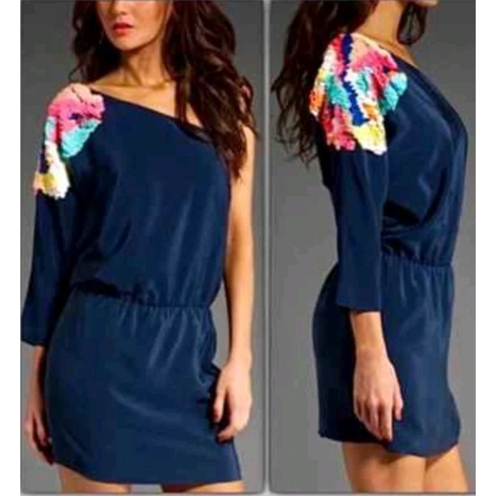 Tibi New York One-Shoulder Sequin Silk Mini Dress - Navy Blue Sz 10